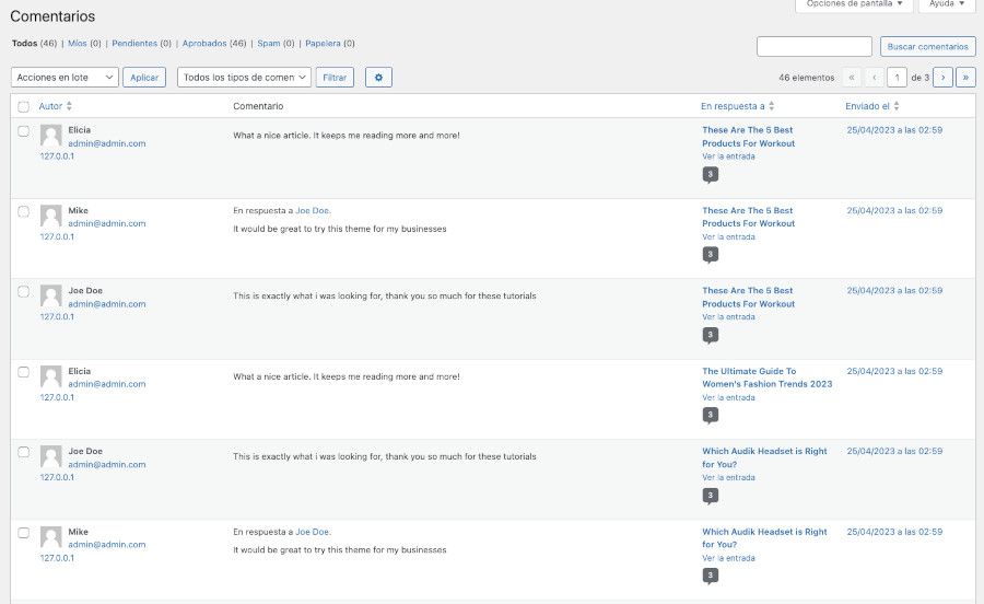 Ejemplo de comentarios spam en sitio WordPress