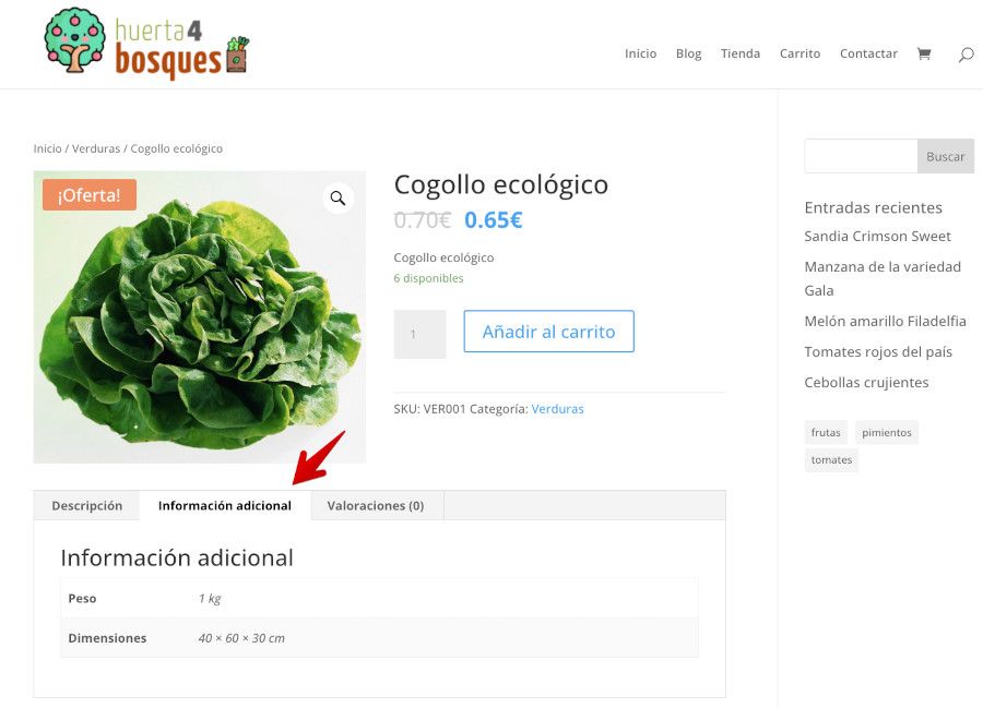 Ejemplo de pestañas en un producto de WooCommerce