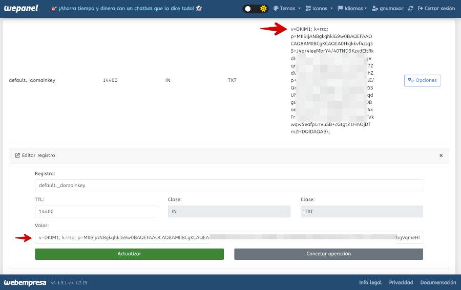 Ejemplo de registro DKIM creado en WePanel