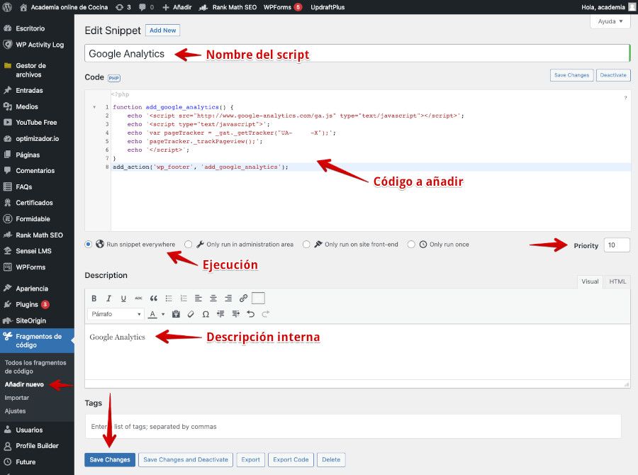 Ejemplo de script para añadir el código de seguimiento de Google Analytics