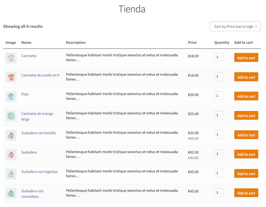 tabla de productos de WooCommerce