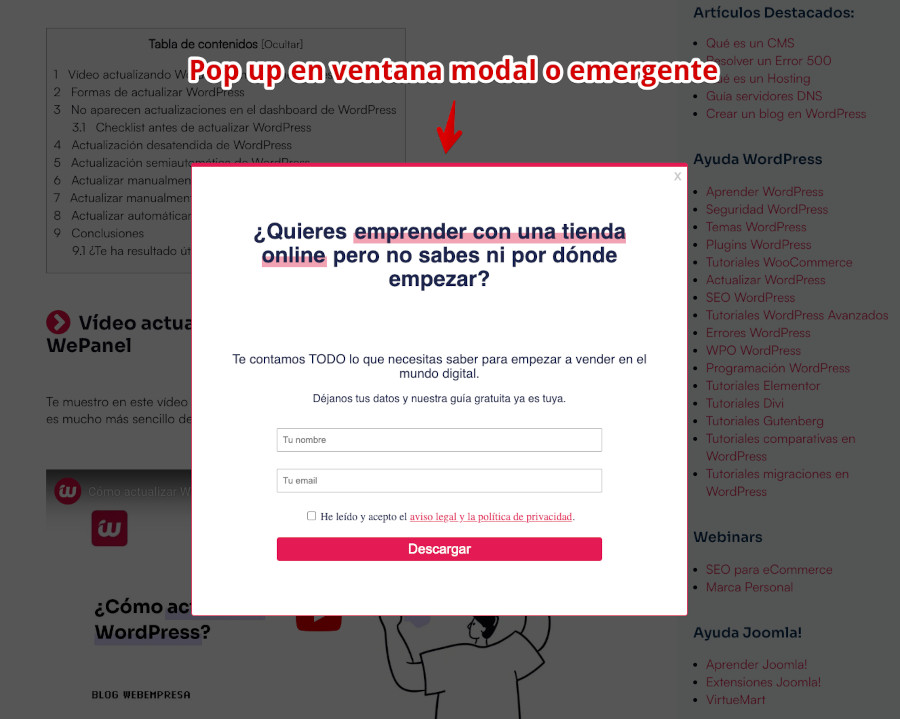 Ejemplo de ventana modal o popup en un sitio web