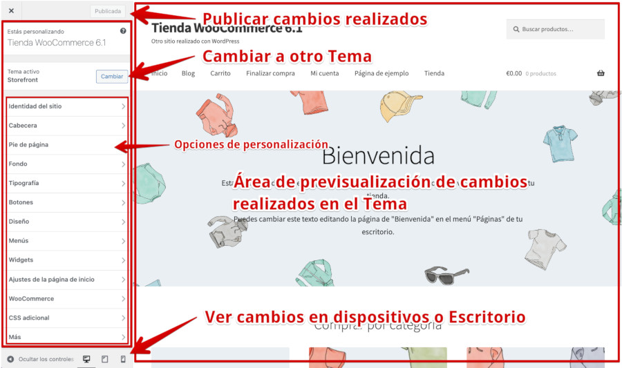 Areas del Personalizador de Temas