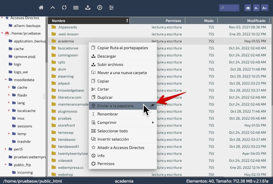 Eliminar carpetas o archivos con el Filemanager de wePanel