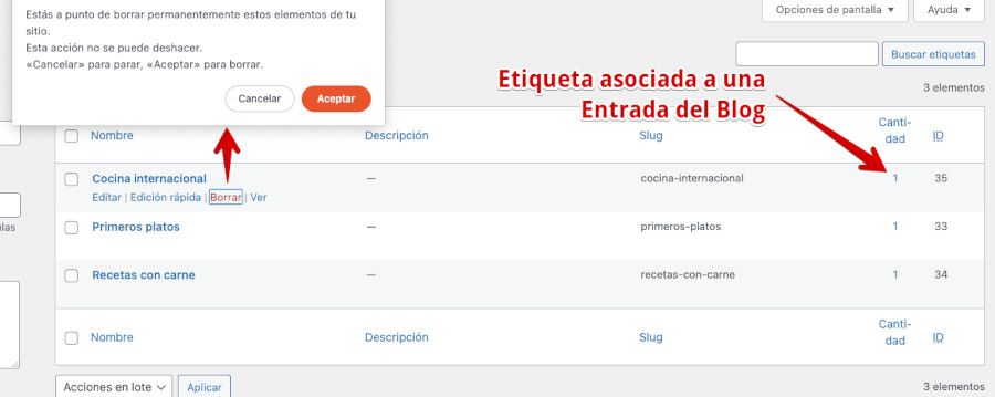 Eliminar etiqueta asociada a entradas del blog