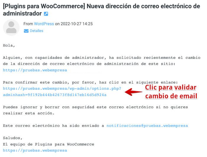 Email de validación del correo electrónico de administración