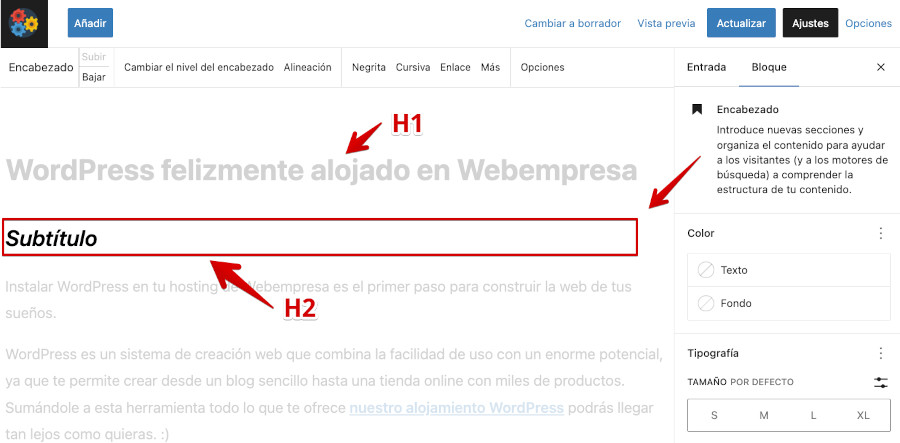 Añadir encabezado en Gutenberg para usar como subtítulo