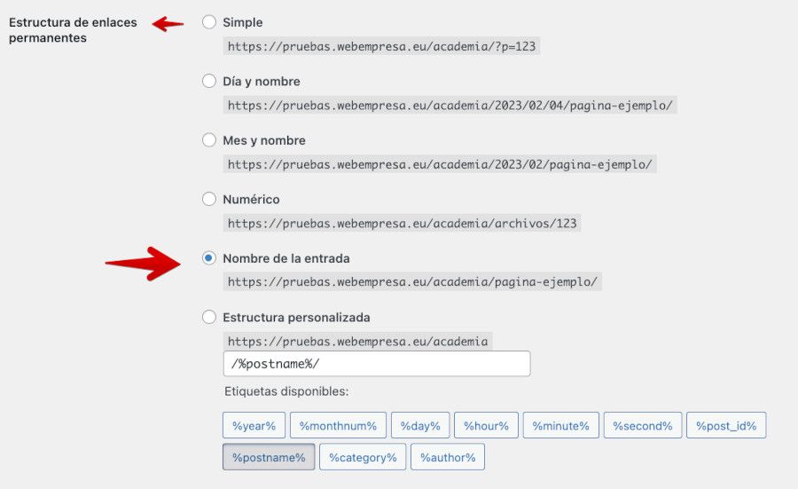 Configurar nombre de entrada en enlaces permanentes