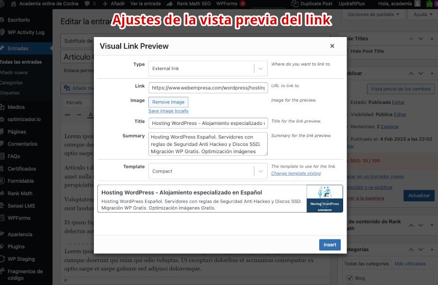 Configuración del modal para en link visual