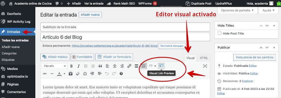 Botón de Visual Link Preview en el editor visual clásico en una Entrada