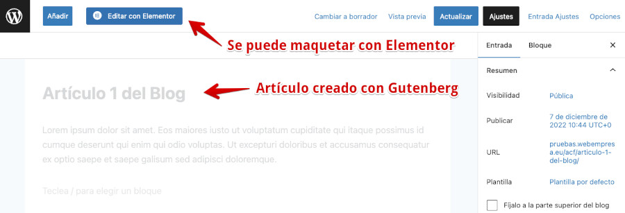 Entrada creada con Gutenberg que se puede editar con Elementor