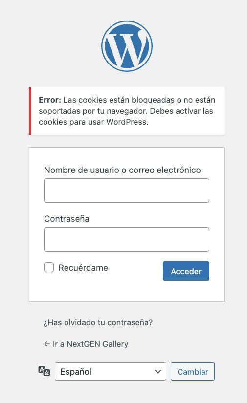 Error de cookies bloqueadas al acceder al dashboard de WordPress