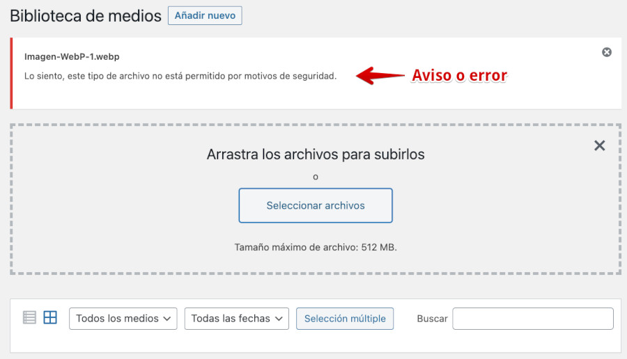 Error al subir una imagen WebP a la biblioteca de medios de WordPress