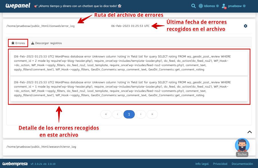 Detalles de errores en un archivo error_log