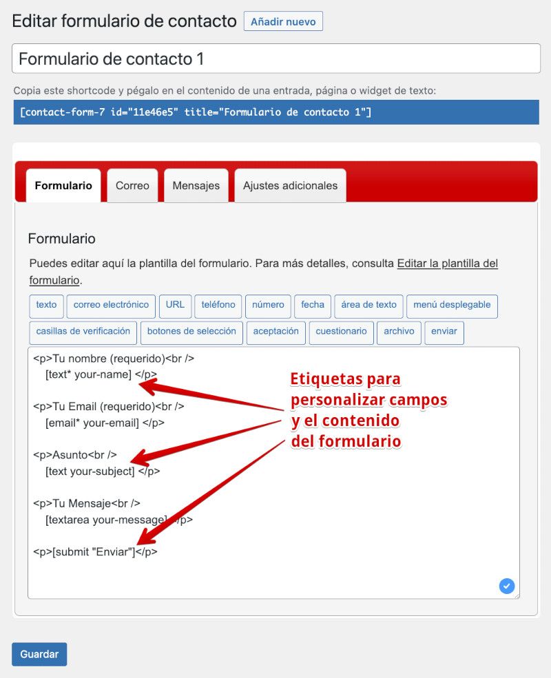 Etiquetas formulario Contact Form 7