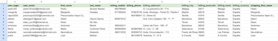 Ejemplo de hoja de cálculo con los campos obligatorios y otros para WooCommerce