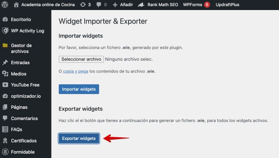 Exportar widgets con el plugin Widget Settings Importer/Exporter