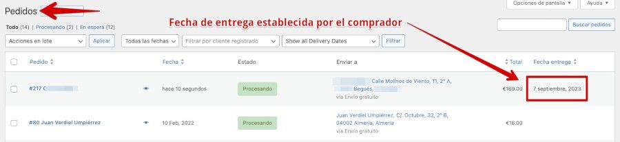 Control de pedidos en el dashboard