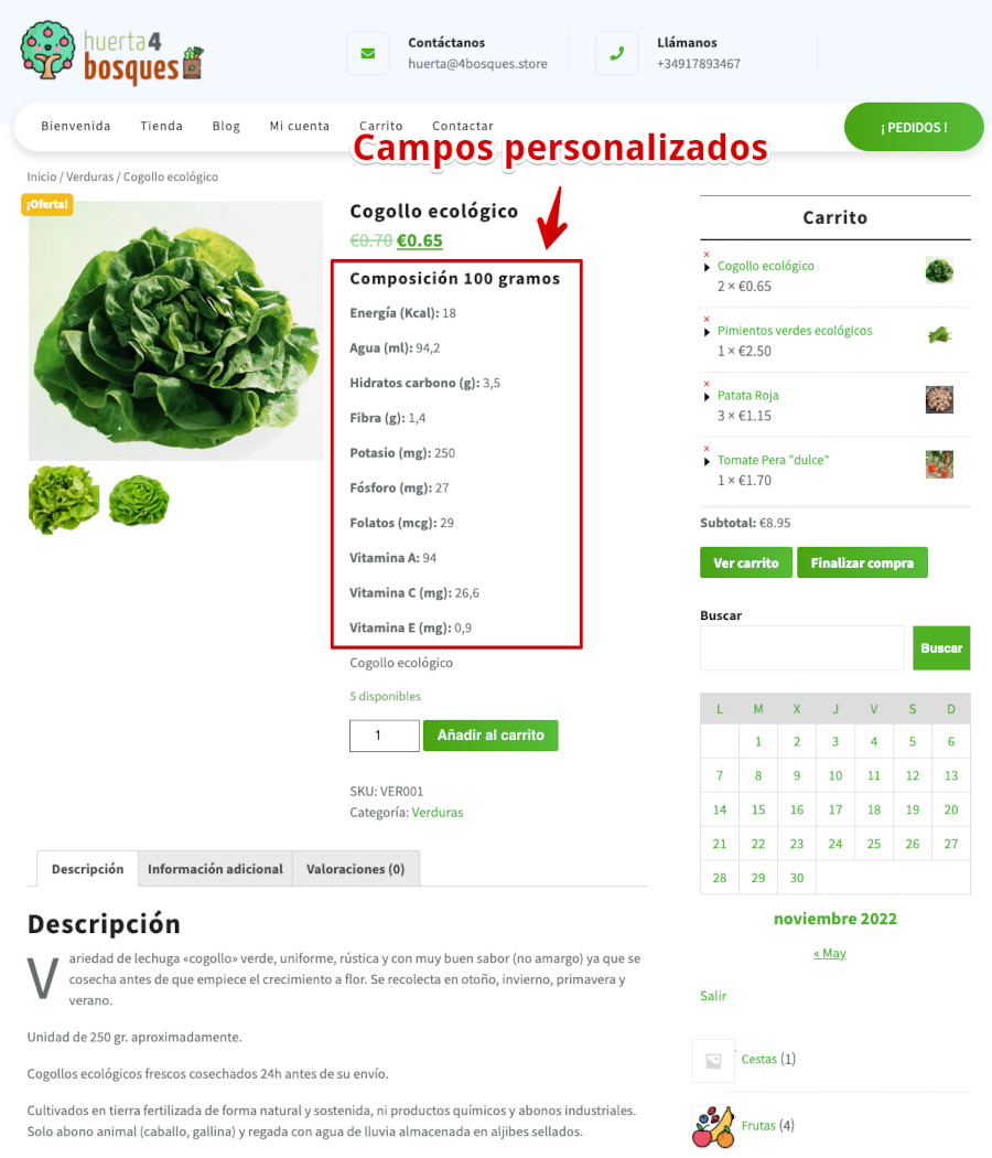 Ficha de producto con campos adicionales