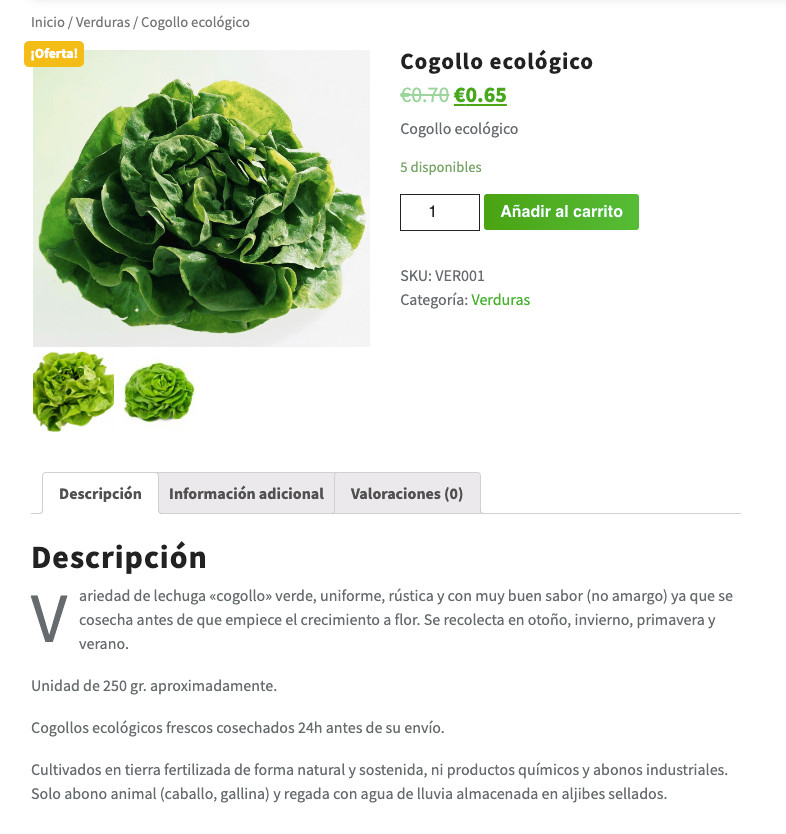 Ficha de producto sin campos adicionales