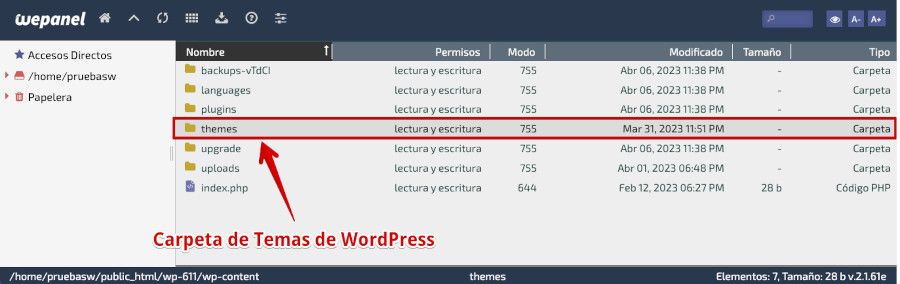 Carpeta de Temas en WordPress desde el Filemanager