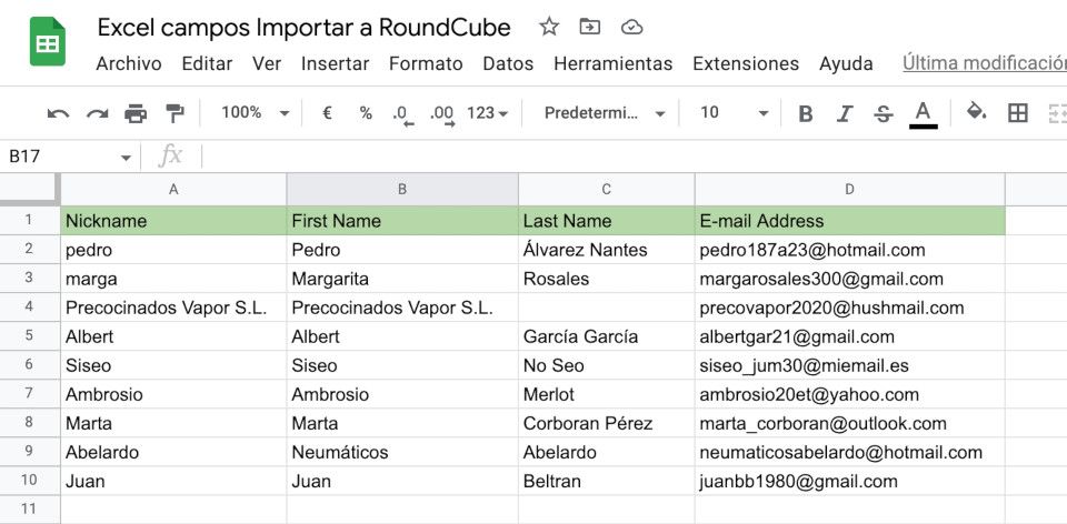 Ejemplo de hoja de cálculo con emails para importar a RoundCube