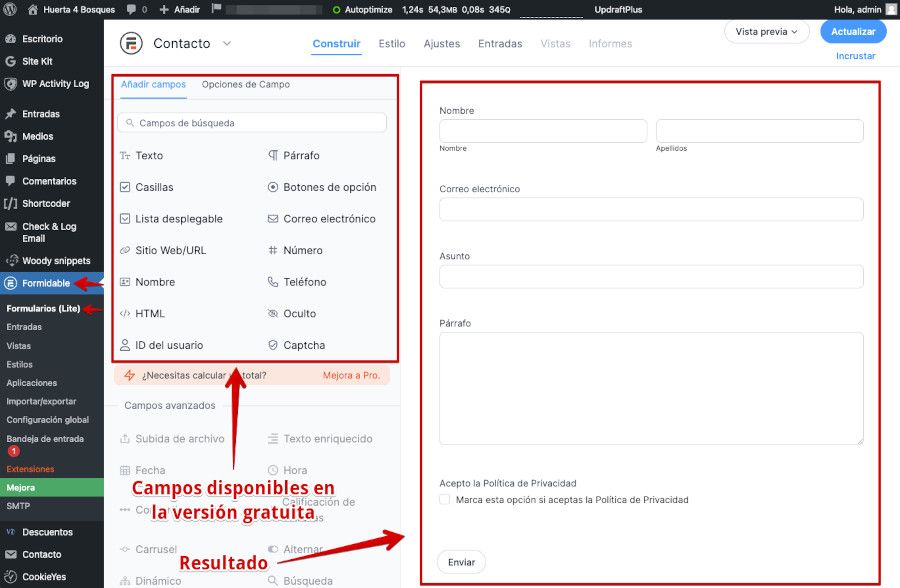 Formulario creado con Formidable Forms