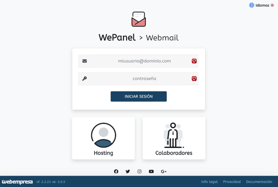 Formulario de acceso a una cuenta de correo de Webmail