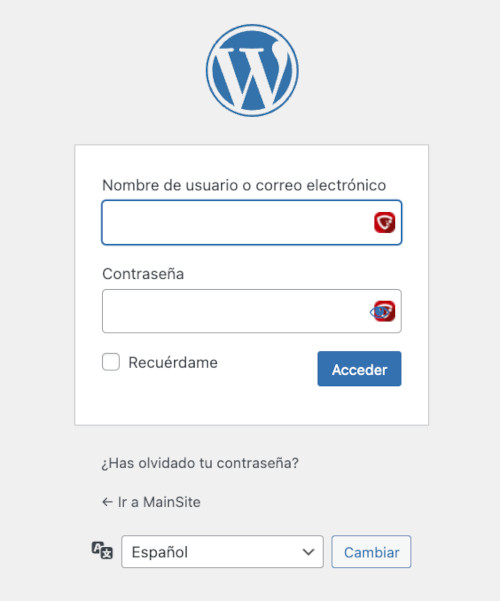 Formulario de acceso a la administración de WordPress