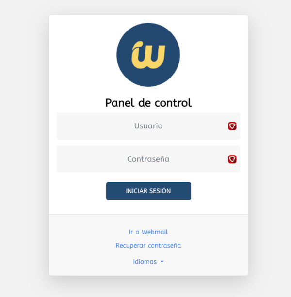 Formulario de acceso al panel del Hosting