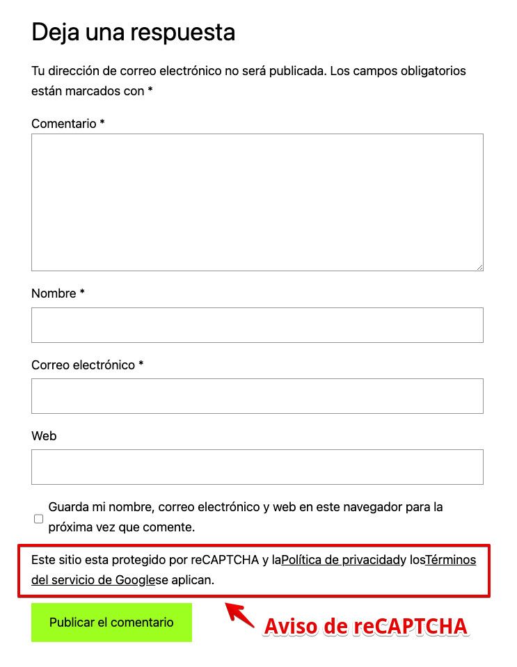 Formulario de comentarios con el reCAPTCHA activado