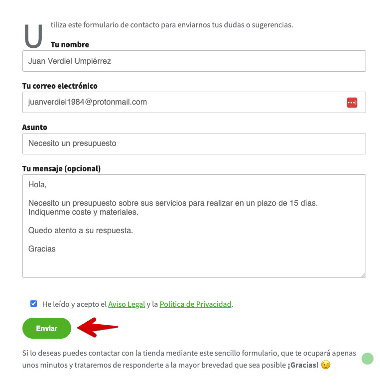 Formulario de contacto con Contact Form 7 rellenado por el usuario