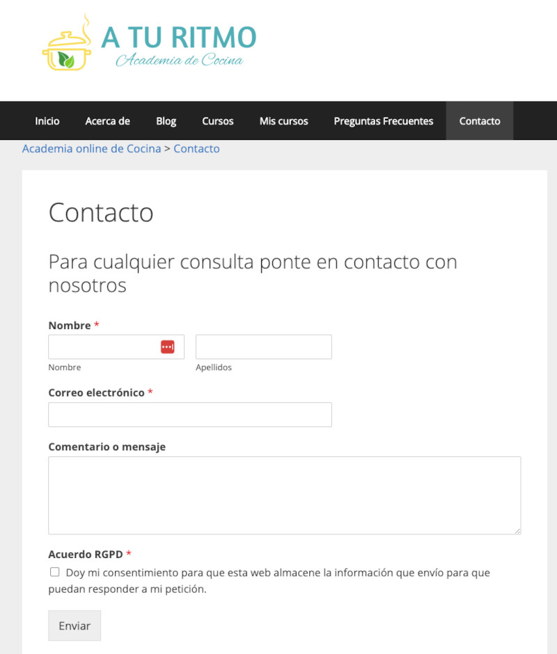 Vista frontal del formulario de contacto