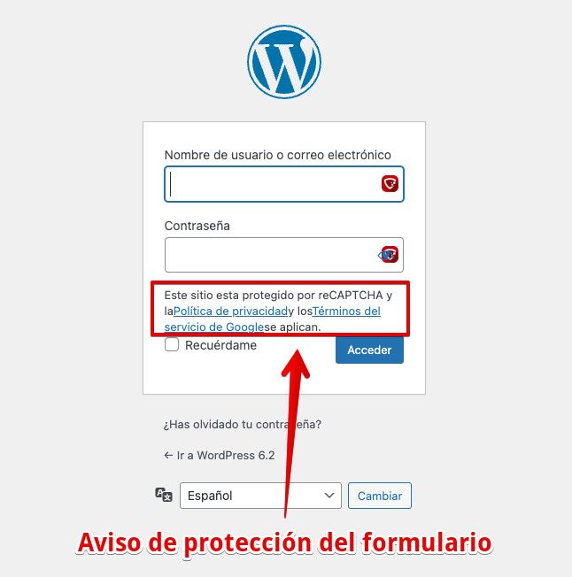 Formulario de login con el reCAPTCHA activado