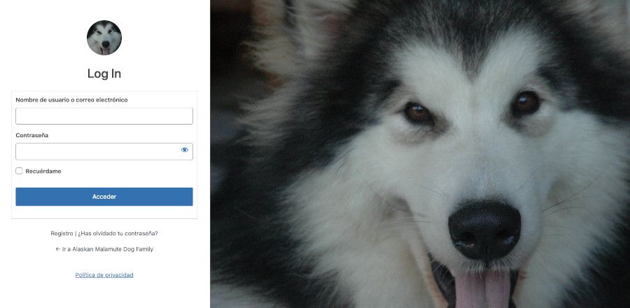 Formulario de login de WordPress sobre perros nórdicos