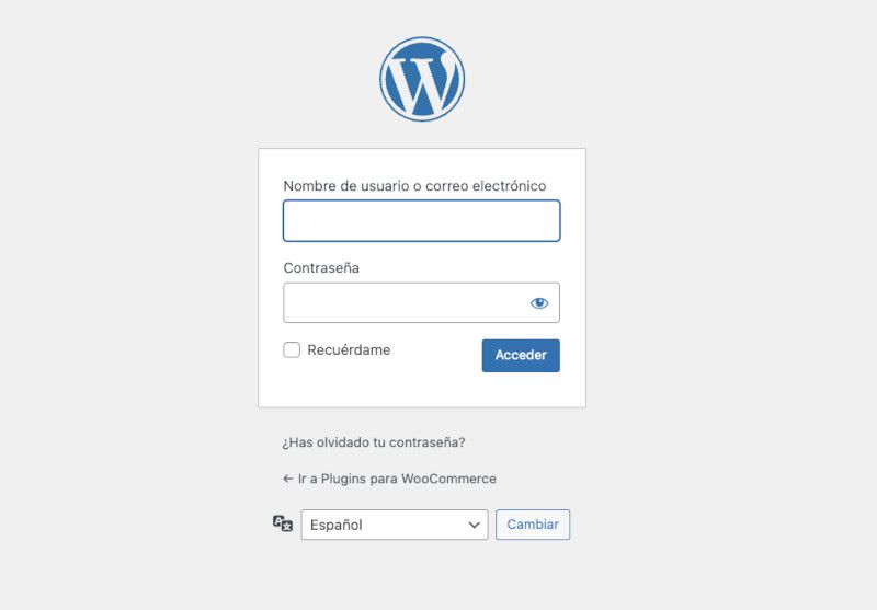 Formulario de acceso al dashboard de WordPress