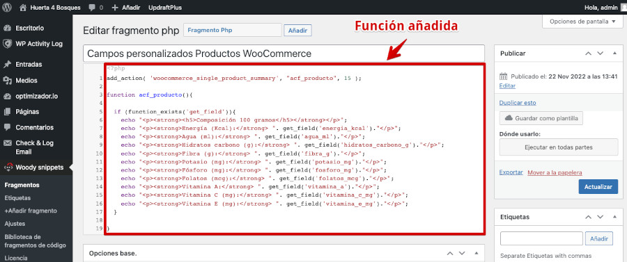 Función añadida en el plugin Woody code snippets