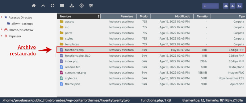 Archivo functions.php restaurado