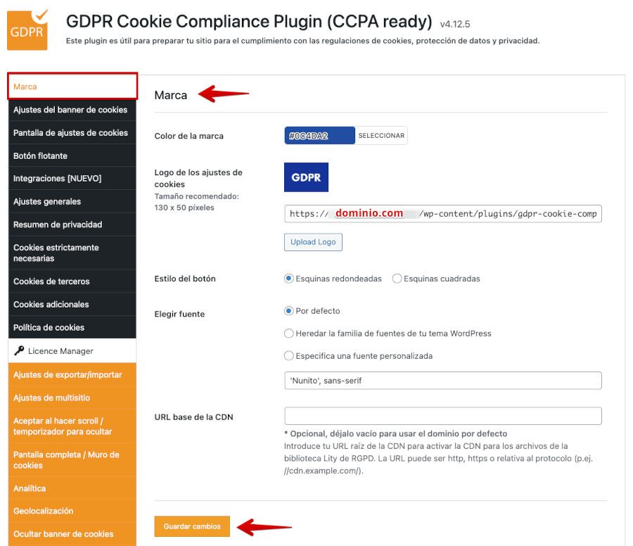 GDPR Cookie Compliance - Ajustes - Marca