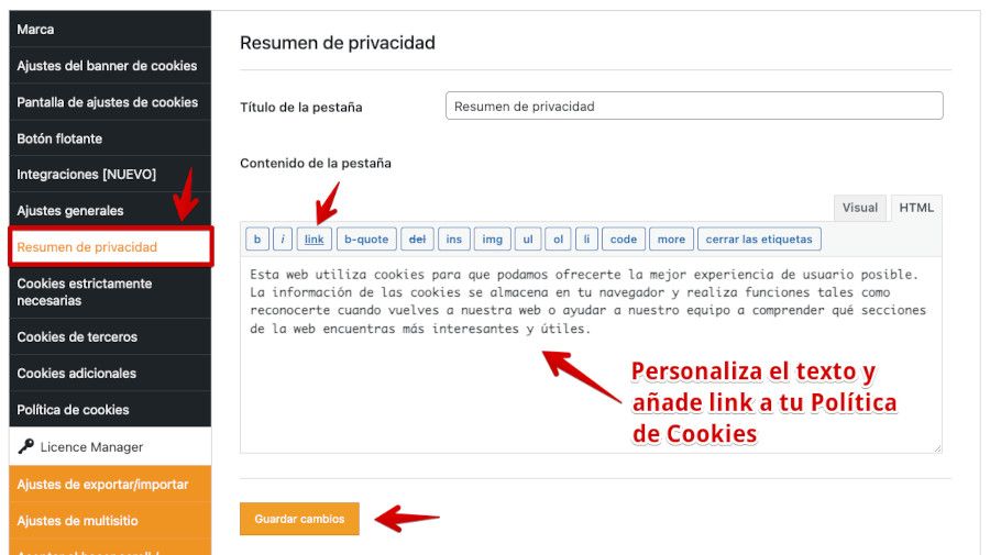 GDPR Cookie Compliance - Ajustes - Resumen privacidad