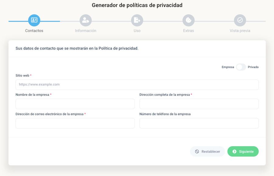 Generador online de textos de Politica de Privacidad