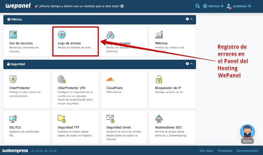 Herramientas de gestión de errores en el Panel de Hosting