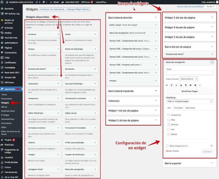 Gestión de widgets en WordPress con el editor clásico