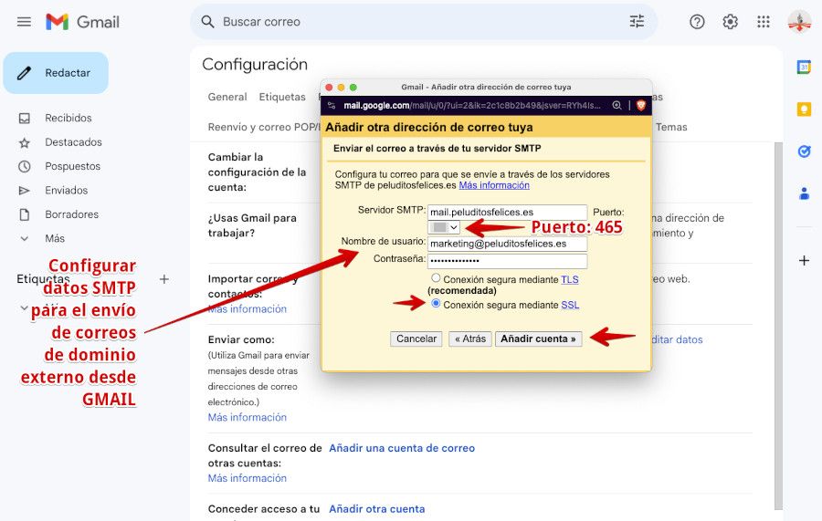 Gmail - Añadir cuenta de correo de dominio externo - Datos SMTP cuenta de dominio externo