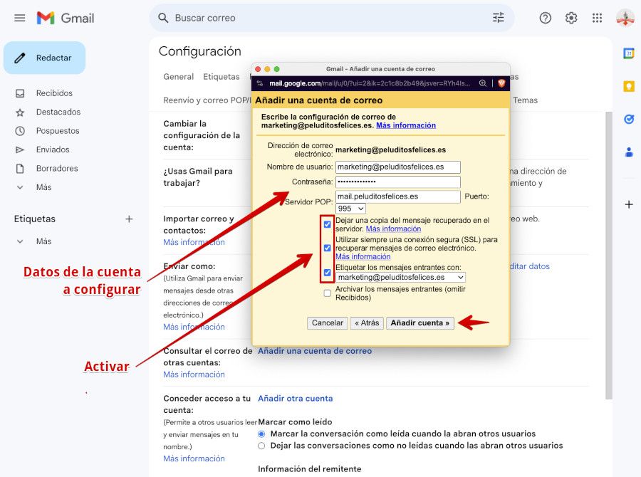 Gmail - Añadir cuenta de correo de dominio externo - Datos POP3