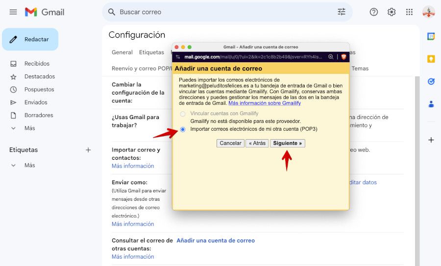 Gmail - Añadir cuenta de correo de dominio externo - Importar correos POP3