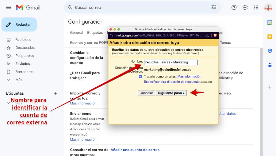 Gmail - Añadir cuenta de correo de dominio externo - Nombre de cuenta de dominio externo