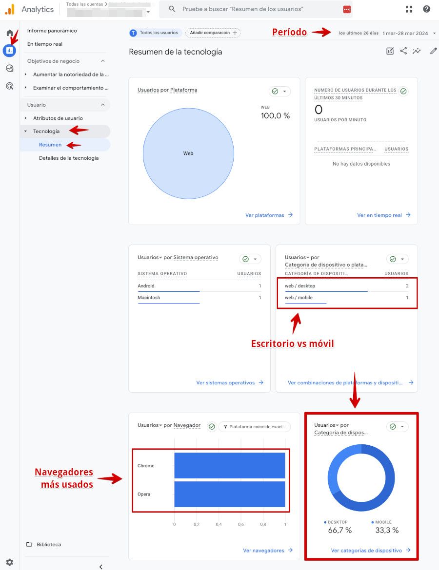 Google Analytics - Informes - Informe panorámico - Tecnología - Resumen