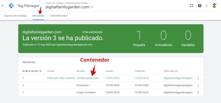 Google Tag Manager - Versiones - Contenedores