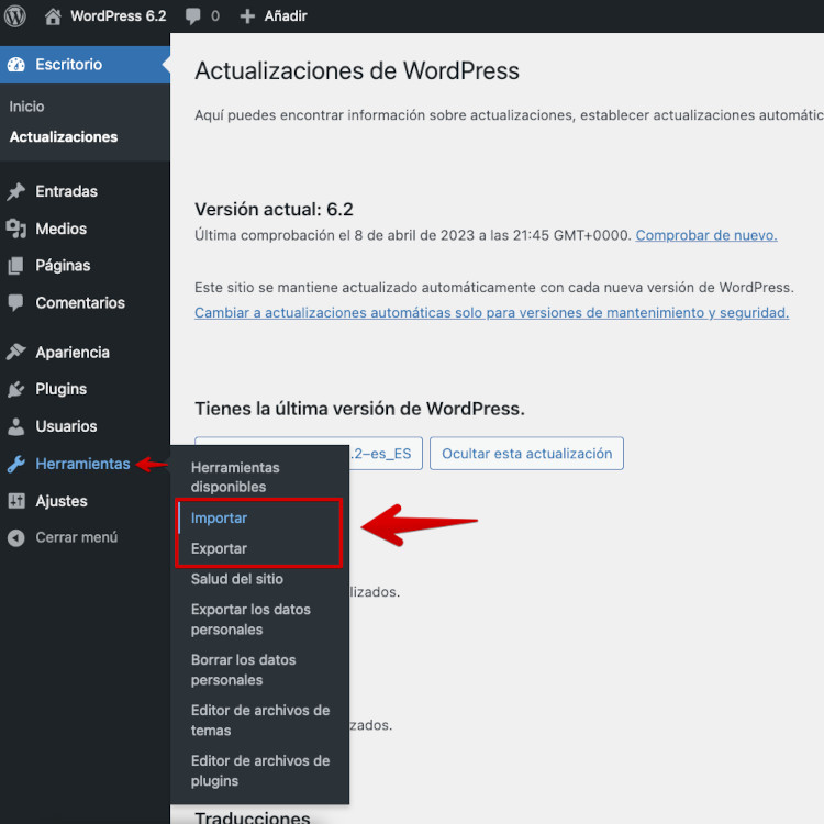 Opción de Importar y Exportar en Herramientas de WordPress